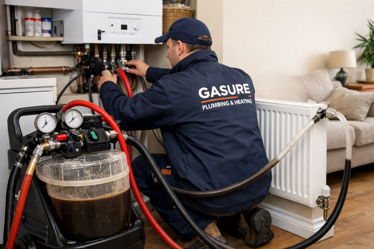 Heating engineer power flushing central heating system to remove sludge in Essex home