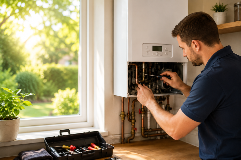 Boiler engineer carrying out a summer boiler service in Grays, Essex to improve efficiency and help prevent winter breakdowns