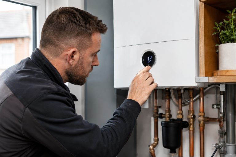 Heating engineer checking the pressure gauge on a modern domestic boiler in an Essex home.