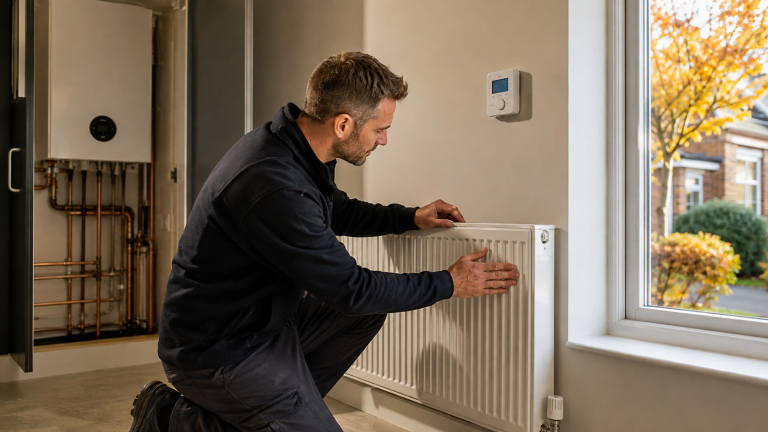 Heating engineer checking a home central heating system in Grays before autumn