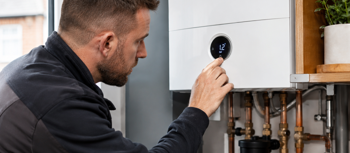 Heating engineer checking the pressure gauge on a modern domestic boiler in an Essex home.