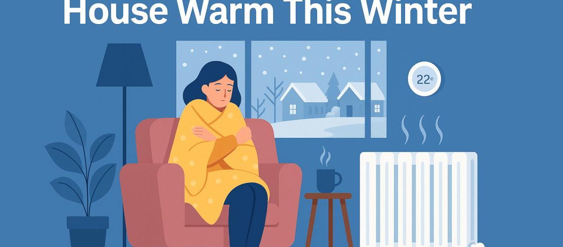 A woman wrapped in a blanket sitting beside a warm radiator inside a cosy home, with snowy houses visible through the window and the text “7 Ways to Keep Your House Warm This Winter” above.