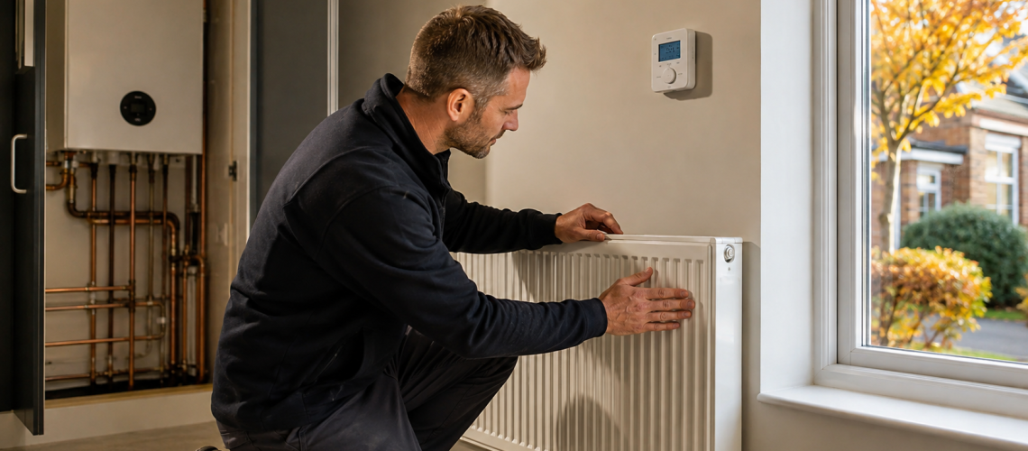 Heating engineer checking a home central heating system in Grays before autumn