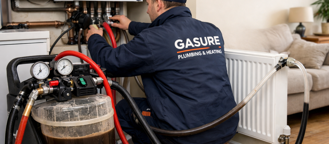 Heating engineer power flushing central heating system to remove sludge in Essex home