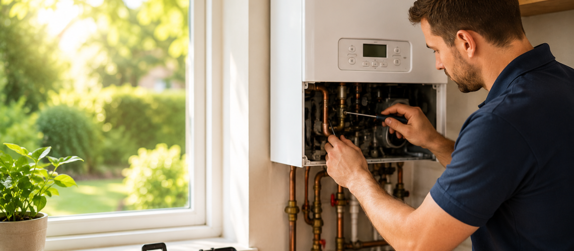 Boiler engineer carrying out a summer boiler service in Grays, Essex to improve efficiency and help prevent winter breakdowns